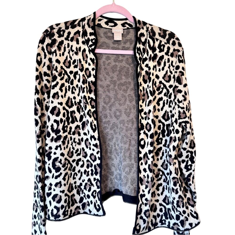 Chicos Black Tan Cheetah Cardigan Sweater Womens XL Zipper Hem Preppy Classic